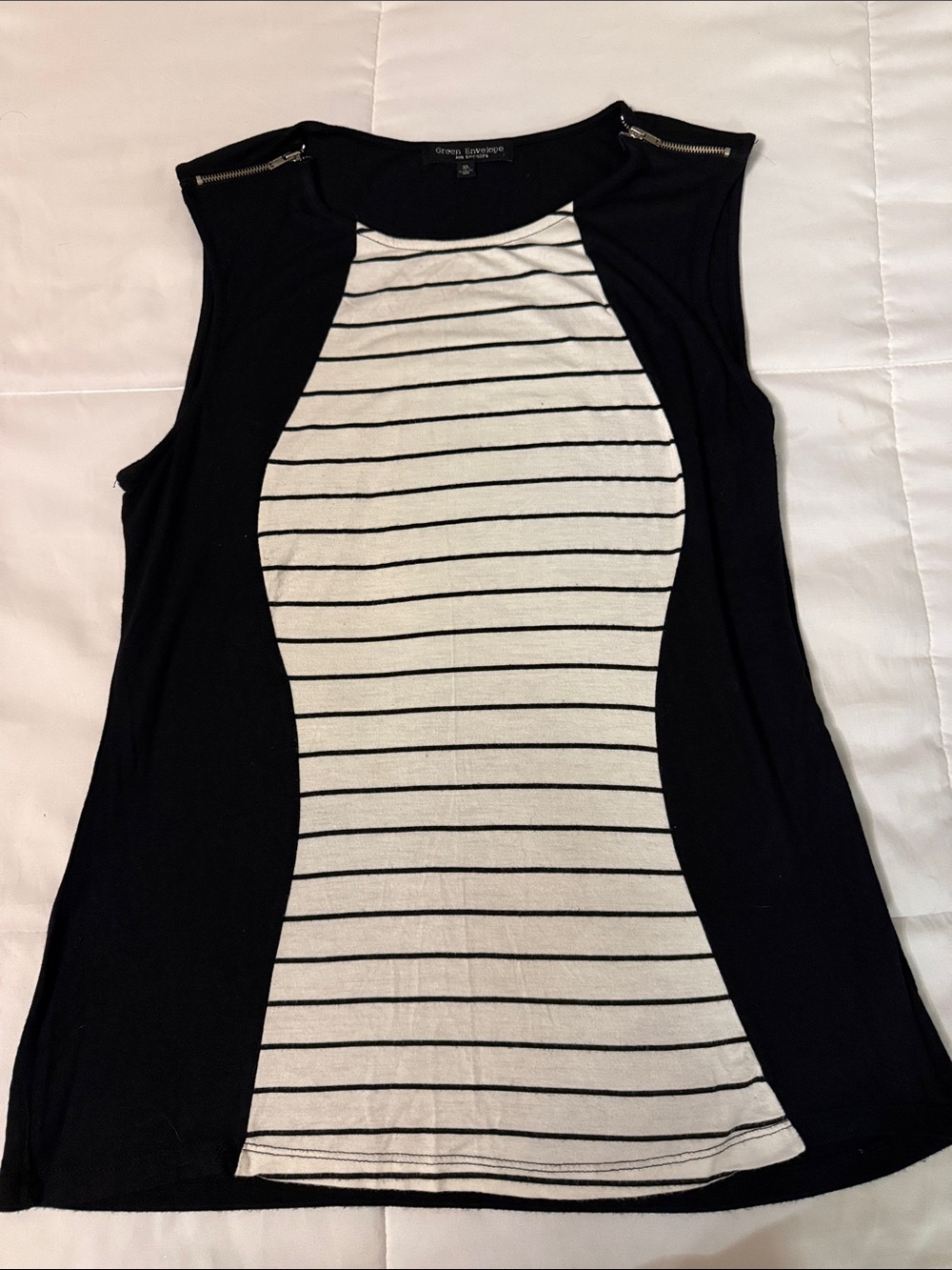 Green Envelope Black Tank with White Striped Center Panel